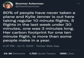 Sommer Ackerman @lifewithsommer 80% of people have never taken a plane and Kylie Jenner is out here taking regular 10 minute flights, 5 flights in the last week under 30 minutes, one was 3 minutes long. Her carbon footprint for one ten minute flight, is more than some people make in a year. 5:37 PM Jul 17, 2022 · Twitter Web App 24.3K Retweets 1,702 Quote Tweets 195K Likes