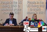 People in the US losing $29B to oldschool phone scams in 2021 People in the US losing $1B to crypto scams in 2021 M KAD CAN FOX NEWS channel The New York Times MENT OF JUSTICE ★ * FEDERAL TION BUREAU AU OF INVE The Washington Post CYPE npr