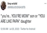 limp wriztid @MISGUID3DGHOSTS "you're.. YOU'RE MOM" son or "YOU ARE LIKE PAPA" daughter 12:56 AM Jul 25, 2022. Twitter for Android :