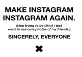 MAKE INSTAGRAM INSTAGRAM AGAIN. (stop trying to be tiktok i just want to see cute photos of my friends.) SINCERELY, EVERYONE