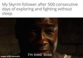 My Skyrim follower after 500 consecutive days of exploring and fighting without sleep. made with mematic I'm tired, boss.