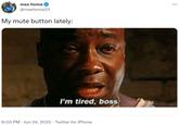 max homa @maxhoma23 My mute button lately: I'm tired, boss. 9:00 PM Jun 24, 2022. Twitter for iPhone . : ...