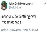 Kaiser Dmitriy von Ungern @DmitriyUngern Sleepcels be seething over insomniachads 6:19 AM Jun 12, 2022. Twitter for iPhone .