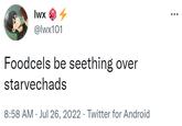 Iwx @lwx101 Foodcels be seething over starvechads 8:58 AM Jul 26, 2022 Twitter for Android ...