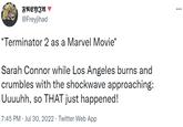 FREYJA @Freyjihad *Terminator 2 as a Marvel Movie* Sarah Connor while Los Angeles burns and crumbles with the shockwave approaching: Uuuuhh, so THAT just happened! 7:45 PM . Jul 30, 2022. Twitter Web App