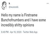 Hello my name is Firstname Bunchofnumbers and i have some incredibly s----- opinions k @wuooods Hello my name is Firstname Bunchofnumbers and i have some incredibly s----- opinions 9:49 PM Apr 19, 2020 - Twitter Web App