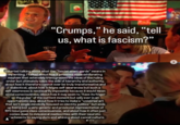 "Crumps," he said, "tell us, what is fascism?" I started talking about what the "fascist avant-garde" means in my writing. I talked about how it promises some exhilarating mayhem that ostensibly transgresses the ideas of the ruling order but ultimately takes the side of hierarchy and authority, about how it therefore cannot ever be truly transformative and dialectical, about how it feigns self-awareness but such a self-awareness is necessarily impossible because it would mean social consciousness, about how it may seem to "have its finger on the pulse" of the current moment but only ever in an opportunistic way, about how it tries to make a "universal art that isn't single-mindedly focused on identity politics" but ends up being just a very generic and provincial representation of NYC bourgeois class consciousness, and about how it often just comes down to delusional mediocrities with their neurotic ttachments to saying slurs and whining about cancel culture.