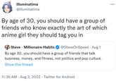 Illuminatima @illuminatima By age of 30, you should have a group of friends who know exactly the art of which anime girl they should tag you in Steve Millionaire Habits @SteveOnSpeed · Aug 1 By age 30, you should have a group of friends that talk business, money, and fitness, not politics and pop culture. Show this thread 11:36 AM. Aug 3, 2022. Twitter for Android