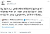 ???% @tsukkisachi By age 30, you should have a group of friends with at least one decoder, one rescuer, one supporter, and one kiter. Steve Millionaire Habits @SteveOnSpeed · Aug 1 By age 30, you should have a group of friends that talk business, money, and fitness, not politics and pop culture. Show this thread 12:46 PM. Aug 3, 2022. Twitter Web App