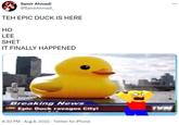 Samir Ahmadi @SamirAhmadi_ TEH EPIC DUCK IS HERE HO LEE SHET IT FINALLY HAPPENED Breaking News LIVE Epic Duck ravages City! 8:30 PM - Aug 8, 2022 · Twitter for iPhone . 00 TVN