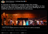 Chris Peterson - OnStage Blog @OnstageBlog A church in Texas is coming under fire today performing 'Hamilton' without obtaining rights to the show as well as changing the text and adding an anti- LGBTQ sermon at the end of the show. onstageblog.com Texas church illegally performs 'Hamilton' with anti-LGBTQ messaging 12:33 PM - Aug 6, 2022. Twitter for Advertisers 212 Retweets 140 Quote Tweets 1,076 Likes MY