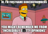 FirstNameBunchOfNumbers HI, I'M FIRSTNAME BUNCHOFNUMBERS YOU MIGHT REMEMBER ME FROM "INCREDIBLY SATTY OPINIONS" imgflip.com