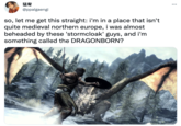 猛宥 @ppalgaengi so, let me get this straight: i'm in a place that isn't quite medieval northern europe, i was almost beheaded by these 'stormcloak' guys, and i'm something called the DRAGONBORN?
