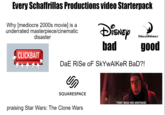 Every Schaffrillas Productions video Starterpack Why [mediocre 2000s movie] is a underrated masterpiece/cinematic disaster CLICKBAIT un SQUARESPACE Disney bad praising Star Wars: The Clone Wars DREAMWORKS DaE RiSe oF SkYwAlKeR BaD?! good THAT WAS HIS MISTAKE!
