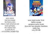 SONIC OMENS sonic omens -bad level design -fan-fictiony story -tries to mash adventure and boost gameplay -the creators tried to profit off of it -14 F------ GIGABYTES SONIC TRAPLE TROUBLE 16-DIT sonic triple trouble 16-bit -faithful remake -gorgeous sprite visuals -2pvs and new playable charathers -totally free -only 200 MB