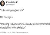 shackleton @shackle_ton *nukes dropping outside* Me: f--- yes *sprinting to bathroom so i can be an environmental storytelling toilet skeleton* 10:23 PM - Jul 25, 2018 - Twitter for Android