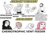 JOBS IN THE PAST SPACESHIP ENGINEER GUY WHO SENDS ASTOROIDS WITH BACTERIA GENE EDITOR INTO SPACE IN HOPES THAT LIFE WILL CONTINUE TO THRIVE BILLIONS OF YEARS AFTER THEIR DYING PLANET HAS BECOME INHABITABLE PLANET CORE MINER JOBS NOW CHEMOTROPHIC VENT FEEDER