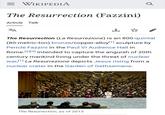= WIKIPEDIA The Resurrection (Fazzini) Article Talk Q ZA ↓ The Resurrection (La Resurrezione) is an 800-quintal (80-metric-ton) bronze/copper-alloy[¹] sculpture by Pericle Fazzini in the Paul VI Audience Hall in Rome.[2][3] Intended to capture the anguish of 20th century mankind living under the threat of nuclear war,[¹] La Resurrezione depicts Jesus rising from a nuclear crater in the Garden of Gethsemane. The Resurrection, as of 2013
