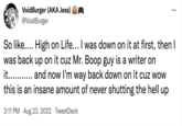 VoidBurger (AKA Jess) @VoidBurger So like.... High on Life... I was down on it at first, then I was back up on it cuz Mr. Boop guy is a writer on it........... and now I'm way back down on it cuz wow this is an insane amount of never shutting the hell up 3:11 PM. Aug 23, 2022 TweetDeck