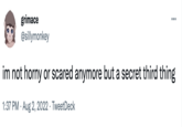grimace @sillymonkey im not horny or scared anymore but a secret third thing 1:37 PM. Aug 2, 2022 TweetDeck