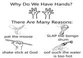 Why Do We Have Hands? EN There Are Many Reasons: pat the moose shake stick at God SLAP the bongo drum oof ouch the water is too hot