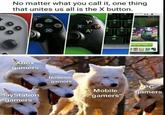 Y X No matter what you call it, one thing that unites us all is the X button. B A Xbox gamers PlayStation gamers Nintendo gamers Y X' 2 Α' 2 $ X Mobile "gamers" D PC gamers