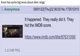 Anon has some big news about dem rangz Anonymous The Lord of the Rings: The Ring of Power 2.23 MB PNG 09/01/22(Thu)22:36:00 No.173513315 It happened. They really did it. They hid the IMDB score. https://www.imdb.com/title/tt7631058/