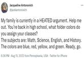 Jacqueline Antonovich @jackiantonovich ... My family is currently in a HEATED argument. Help me out. You're back in high school, what folder colors do you assign your classes? The subjects are: Math, Science, English, and History. The colors are blue, red, yellow, and green. Ready, go. 6:36 PM Aug 15, 2022 from Pennsylvania, USA Twitter for iPhone