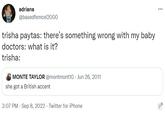 adriana @basedfemcel2000 trisha paytas: there's something wrong with my baby doctors: what is it? trisha: MONTE TAYLOR @montmont10 - Jun 26, 2011 she got a British accent 3:07 PM Sep 8, 2022. Twitter for iPhone ... Ell