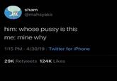 sham @mahsyako him: whose p---- is this me: mine why 1:15 PM 4/30/19 Twitter for iPhone 29K Retweets 124K Likes
