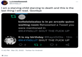 LLEVINNNNNNNN @K4YNSLUT I am a starving child starving to death and this is the last thing I will read. Gootbye 27 6 Likes bellalalalaalaa is in pc arcade quinn waiting room Retweeted a Tweet you were mentioned in @K4YNSLUT SHUT THE F--- UP It is my birthday @KaynOrDie · 12m @K4YNSLUT SHUT THE F--- UP 2 172 11:42 PM Mar 25, 2022 Twitter for Android 2 :