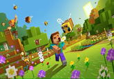 Minecraft Minecraft Bedrock Cartoon Nature Green Natural environment World Plant Grass Biome Yellow People in nature Leisure Screenshot Fun Natural landscape Recreation Grassland