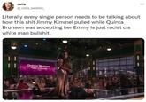 celia @_celia_bedelia__ Literally every single person needs to be talking about how this s--- Jimmy Kimmel pulled while Quinta Brunson was accepting her Emmy is just racist cis white man b-------. LIVE NBQ Quinta Brunson Abbott Elementary Pict ...