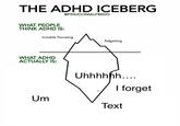 THE ADHD ICEBERG WHAT PEOPLE THINK ADHD IS: @FINUCCINIALFREDO trouble focusing WHAT ADHD ACTUALLY IS: Um fidgeting Uhhhhhh.... 5 I forget Text