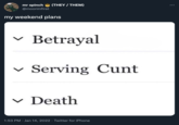 mr spinch @mooninfirst my weekend plans (THEY / THEM) V Betrayal Serving C--- ✓ Death 1:53 PM Jan 14, 2022. Twitter for iPhone :