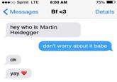 oo Sprint LTE Messages ok 8:00 AM hey who is Martin Heidegger yay Bf <3 75% Details don't worry about it babe