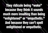 They ridicule being "woke" because they think it sounds much more insulting than being "enlightened" or "empathetic." And because they can't spell enlightened or empathetic.