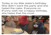 Today is my little sister's birthday. She didn't want the party and she hated the cake. Everyone on IFunny wish her a happy birthday, she hates that the most. 5 Dr Pepper