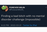 FOREVER WILIN @ForeverWILIN_ Finding a bad bitch with no mental disorder challenge (impossible) 8:22 PM - 2022-03-21 · Twitter for iPad