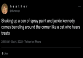 heather @dunecup Shaking up a can of spray paint and jackie kennedy comes barreling around the corner like a cat who hears treats 2:55 AM Oct 4, 2022 · Twitter for iPhone 5 Likes :