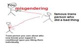 You misgendering Trans person you care about who now knows your support is conditional upon you liking them individually famous trans person who did a bad thing