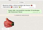 Buenos días, cómo andan de fresa y pera ? manzana 8:28 a.m. Friday 150 buen día, me podría mandar 5 burbujas de fresa por favor 8:24 a.m. ✔ 1 UNREAD MESSAGE * 7:53 a.m. AFF N