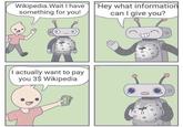 Wikipedia. Wait I have something for you! I actually want to pay you 3$ Wikipedia Hey what information can I give you? 22 辣 C W W G III