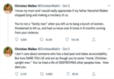 Christian Walker @ChristianWalk1r. Oct 3 I know my mom and I would really appreciate if my father Herschel Walker stopped lying and making a mockery of us. You're not a "family man" when you left us to bang a bunch of women, threatened to kill us, and had us move over 6 times in 6 months running from your violence. 6,861 43.6K 154.4K Christian Walker @ChristianWalk1r. Oct 3 I don't care about someone who has a bad past and takes accountability. But how DARE YOU LIE and act as though you're some "moral, Christian, upright man." You've lived a life of DESTROYING other peoples lives. How dare you. 2,119 19,865 58.1K