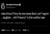 Nora Biette-Timmons ... @biettetimmons make Emma D'Arcy the new James Bond, and "negroni spagliato ... with Prosecco" is their audition tape 5:01 PM Oct 8, 2022 Twitter for iPhone : 1,849 Retweets 166 Quote Tweets 13.3K Likes