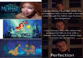 DISNEY THE LITTLE MERMAID I prefer Disney's best film where the protagonist falls in love with a human even though his father says humans are dangerous I said, Disney's best film where the protagonist falls in love with a human even though his father says humans are dangerous Perfection