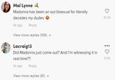 Mal Lynne Madonna has been an out bisexual for literally decades my dudes 1d ago Reply View more replies (106) Lacraig13 Did Madonna just come out? And I'm witnessing it in real time?? 1d ago Reply View more replies (81) ✓ 50.3K 31.5K