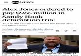 =abc NEWS Alex Jones ordered to pay $965 million in Sandy Hook defamation trial This is the second trial Jones has faced about his false claims. By Aaron Katersky and Meredith Deliso October 12, 2022, 6:09 PM 8 min ● ET read at Sandy Hook defamation trial to ay a what to know f Connecticut jury orders Alex Jones to pay nearly $1 billion to Sandy Hook parents A Connecticut jury has