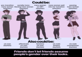 pre-transition socially trans- trans woman itioning trans woman (she/her) (she/her) ON THE ORIGIN OF THE SPECIES Dush. cis man (he/him) x Could be: trans woman on HRT (she/her) effeminate cis man (he/him) trans woman well into her transition (she/her) L Also could be: feminine cis man (he/him) cis male femboy (he/him) passing trans woman (she/her) 448 cis male crossdresser (he/him) Friends don't let friends assume people's gender over their looks.
