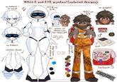 no helmet + no mask no helmet rocket shoes WALL-E and EVE gijinkas! (updated designs) 177.8 cm 5'10 52 are armor on chest can be removed +left arm has built-in gun cyborg legstarms primar gloves!! 165.1 cm 5'5 WP WALL no goggles Đ Hello, my name WALLE ipod BL Lecto backpack